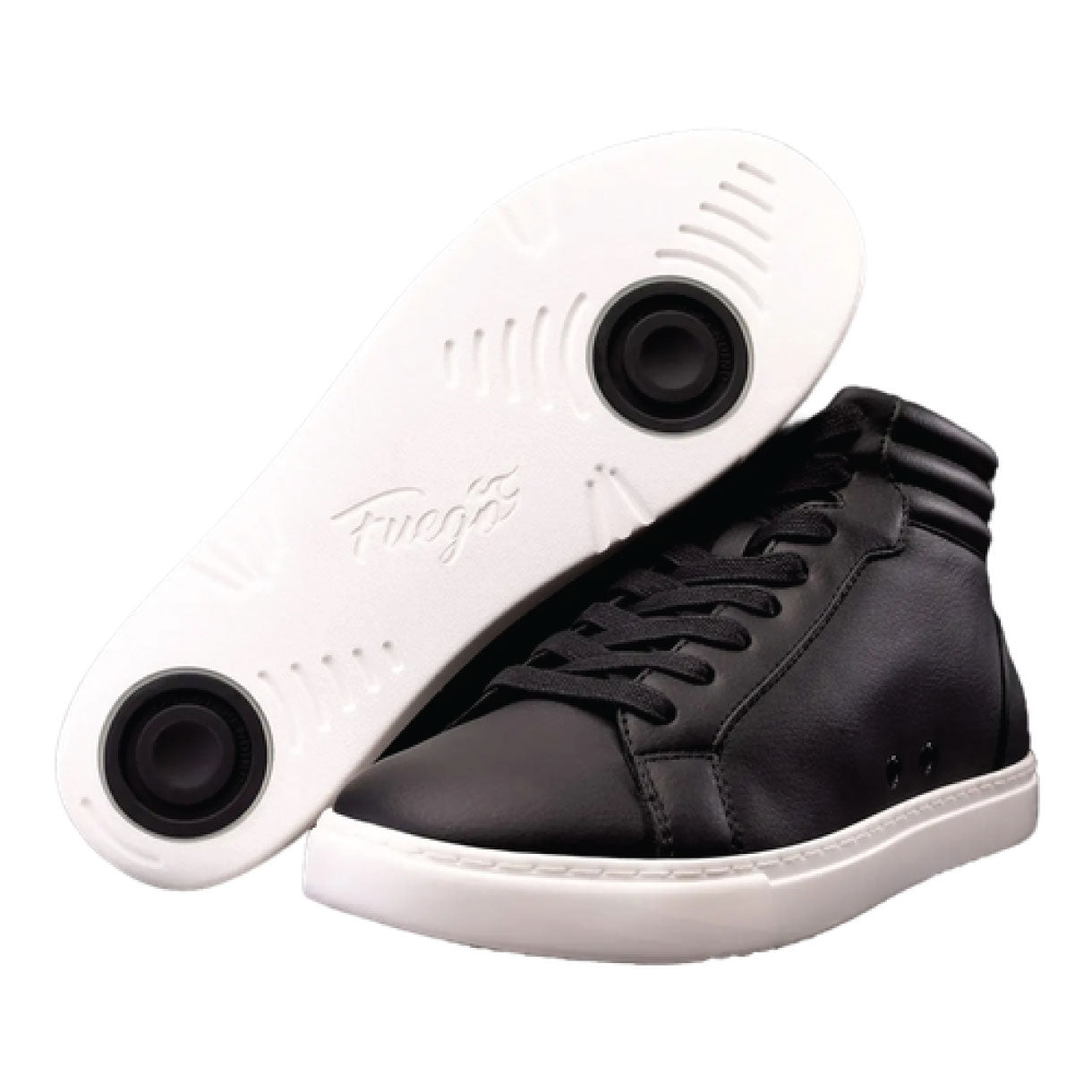Veganer Fuego High-Top Tanzsneaker von Fuego Dance Shoes: schwarz/weiß mit stoßdämpfenden Einlegesohlen, Seiten- und Unteransicht.